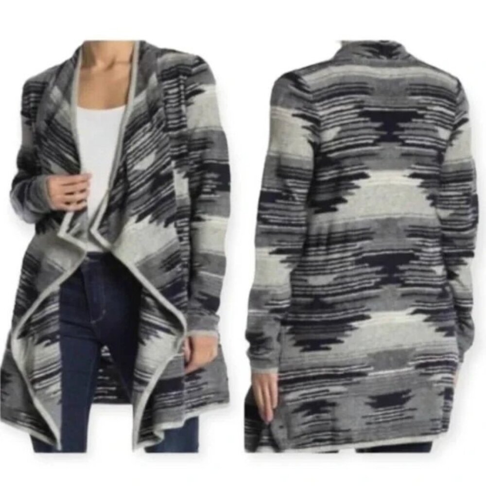 LUCKY BRAND Aztec Drape Open Front Cardigan Sweater Black &‎ Gray Knit Sz M